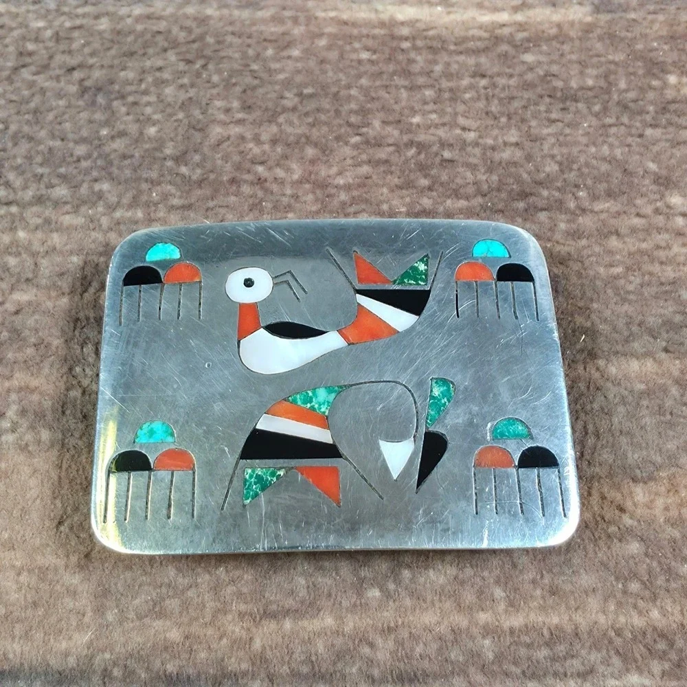 LN Zuni Bird Belt Buckle Mens OS Silver Multi-Stone Good Inlay Southwestern